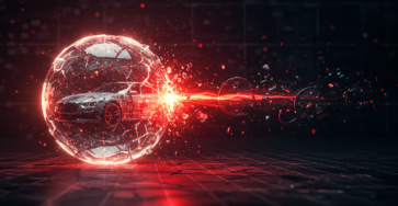 A vibrant digital illustration showcasing a stylized car, designed with the clean, geometric elegance of the Art Deco style. The car is centrally located within a luminous, transparent protective dome. This entire scene is infused with the dynamic energy of Expressionism, depicted through incoming abstract threats—sharp, angular red shapes—that shatter against the dome's surface. These threats and the resulting protective sparks are rendered in a charming pixel art style, creating a unique tech-nostalgic feel. The background is a bright, light-gray environment with subtle papercraft layers forming a soft, dimensional digital grid. The overall atmosphere is bright, positive, and conveys a strong sense of security and control in a digital world. no people, no hands, no text, no letters, no symbols, aspect ratio 16:9.